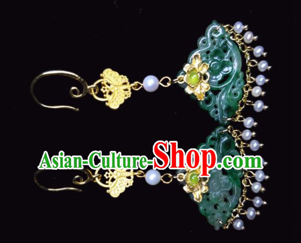 Handmade Chinese Cheongsam Ear Jewelry Jadeite Ear Accessories National Golden Lotus Earrings Traditional Pearls Eardrop