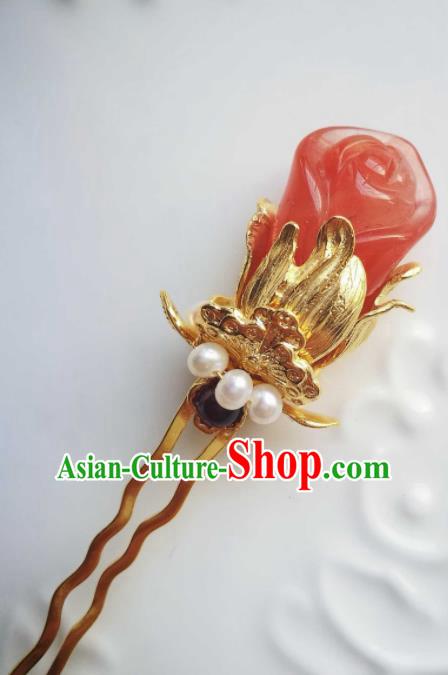 Chinese Ancient Princess Agate Mangnolia Hairpin Traditional Hair Accessories Handmade Qing Dynasty Imperial Consort Pearls Hair Stick