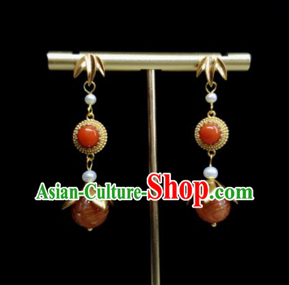 Handmade Chinese National Agate Carving Earrings Traditional Ear Jewelry Qing Dynasty Golden Bamboo Leaf Eardrop Cheongsam Ear Accessories