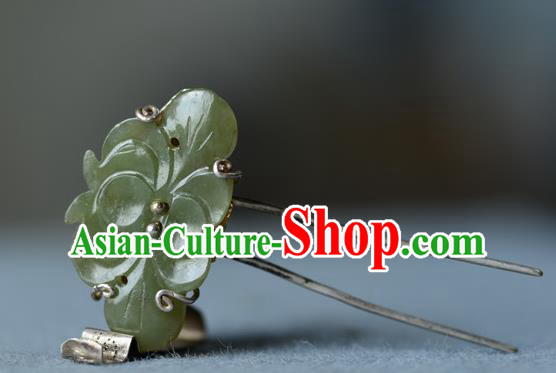 Chinese Ancient Court Woman Jade Peony Hairpin Traditional Hair Accessories Handmade Qing Dynasty Imperial Consort Silver Hair Comb