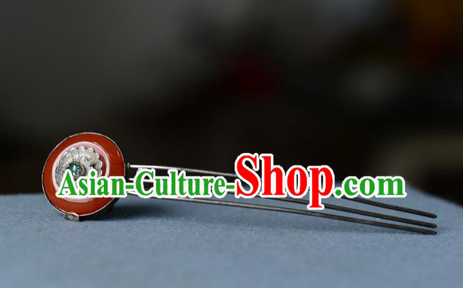 Chinese Ancient Palace Lady Silver Hairpin Traditional Hair Accessories Handmade Qing Dynasty Court Woman Agate Hair Comb