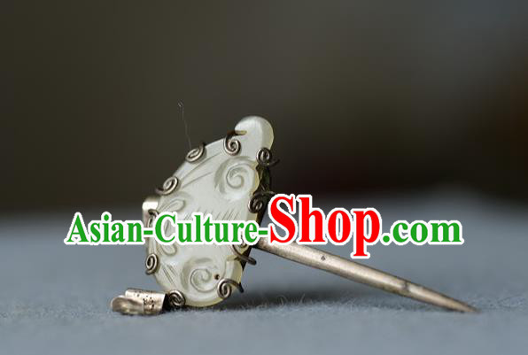 Chinese Traditional Hetian Jade Hair Accessories Handmade Qing Dynasty Palace Lady Hair Stick Ancient Princess Silver Hairpin