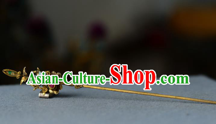 Chinese Traditional Silver Headpiece Handmade Qing Dynasty Court Woman Tourmaline Hair Stick Ancient Imperial Consort Cloisonne Hairpin