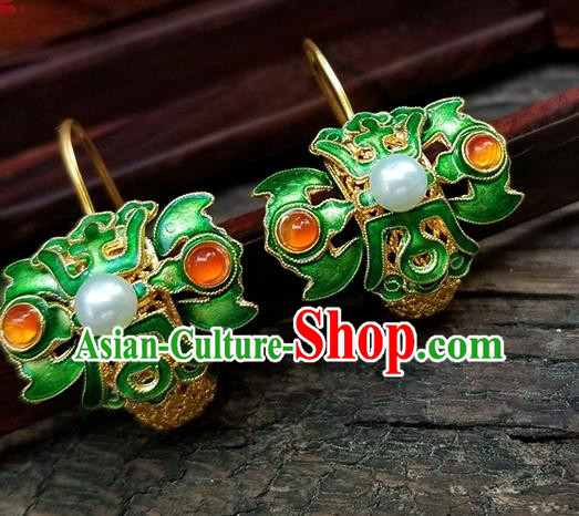 Handmade Chinese Traditional Filigree Eardrop Cheongsam Ear Jewelry Qing Dynasty Empress Ear Accessories National Cloisonne Green Earrings