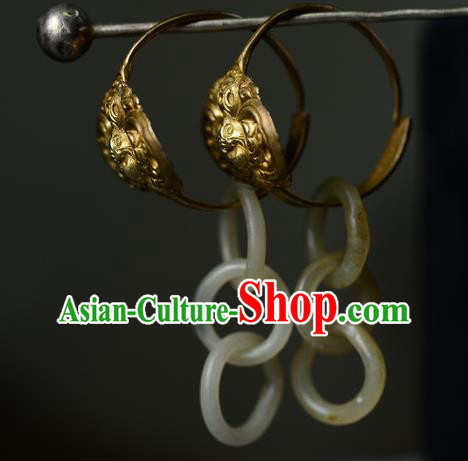 Handmade Chinese National Jade Rings Earrings Traditional Court Eardrop Cheongsam Ear Jewelry Qing Dynasty Silver Ear Accessories