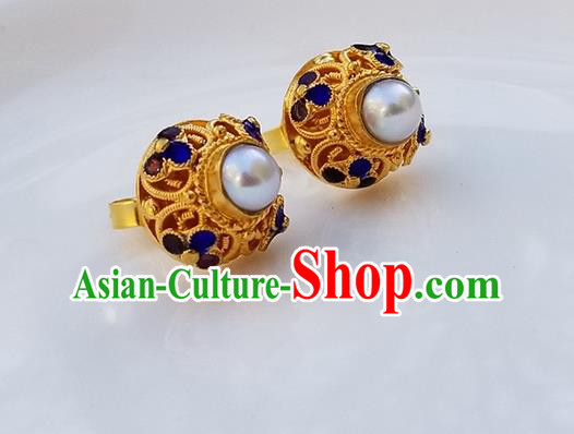 Handmade Chinese Cheongsam Golden Ear Jewelry Qing Dynasty Court Ear Accessories National Cloisonne Earrings Traditional Pearl Eardrop