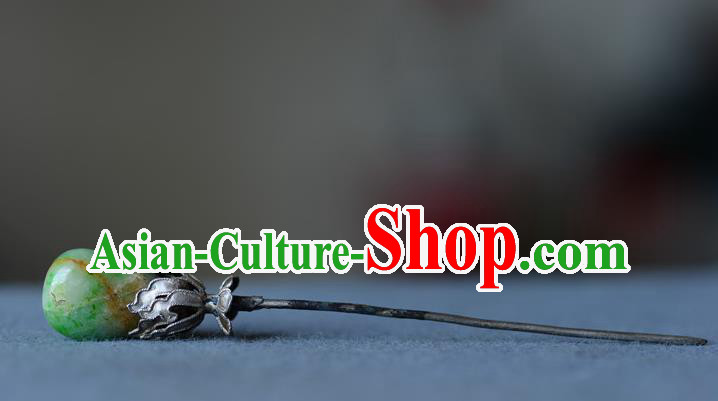 Chinese Handmade Qing Dynasty Imperial Consort Hair Stick Ancient Empress Silver Hairpin Traditional Court Woman Jade Hair Accessories