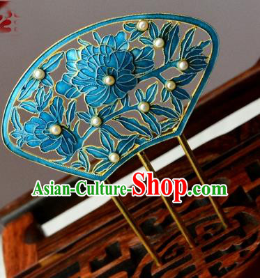 Chinese Ancient Court Woman Pearls Hairpin Traditional Cloisonne Hair Crown Headpiece Handmade Qing Dynasty Empress Hair Comb