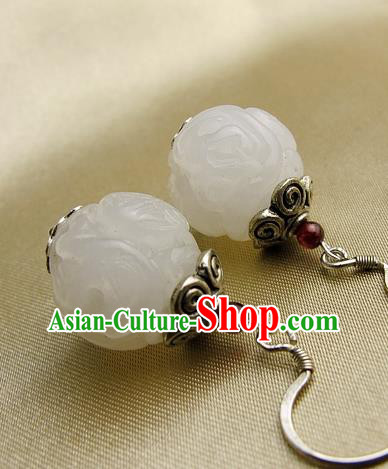 Handmade Chinese Cheongsam Ear Jewelry Qing Dynasty Ear Accessories National Silver Earrings Traditional Hetian Jade Eardrop