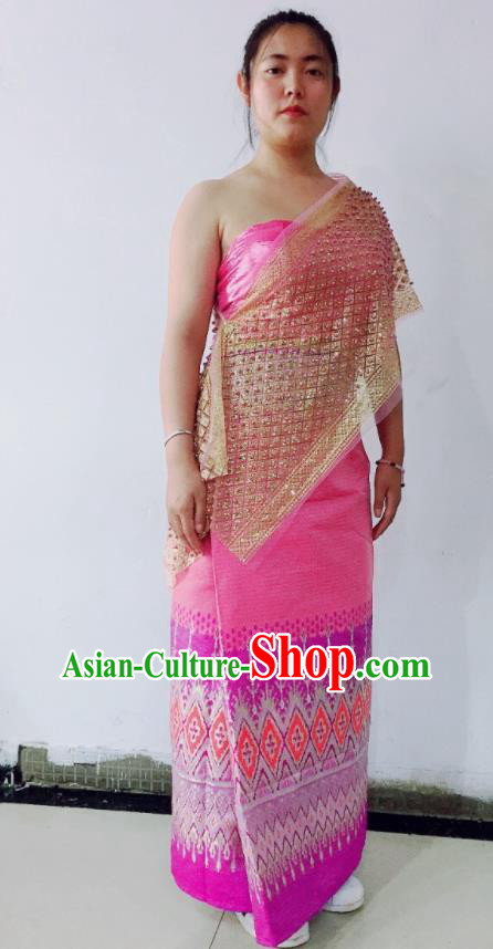 Chinese Tai Minority Female Dance Clothing Yunnan Ethnic Garment Costume Dai Nationality Water Sprinkling Festival Rosy Dress