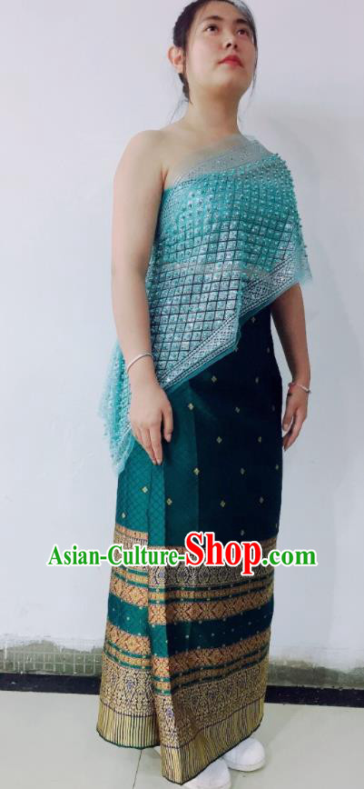 Chinese Dai Nationality Water Sprinkling Festival Deep Green Dress Tai Minority Female Dance Clothing Yunnan Ethnic Garment Costume