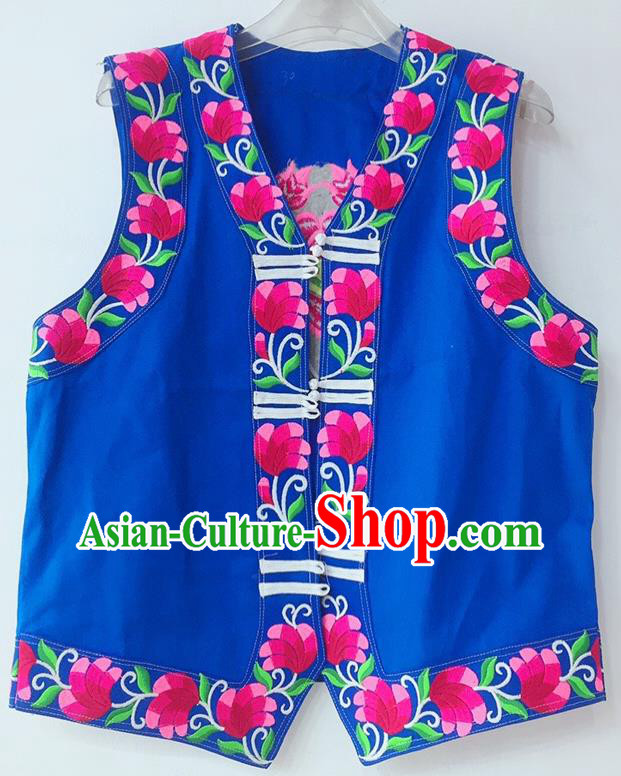 China Yi Minority Festival Waistcoat Miao Nationality Male Embroidered Blue Vest Ethnic Women Costume
