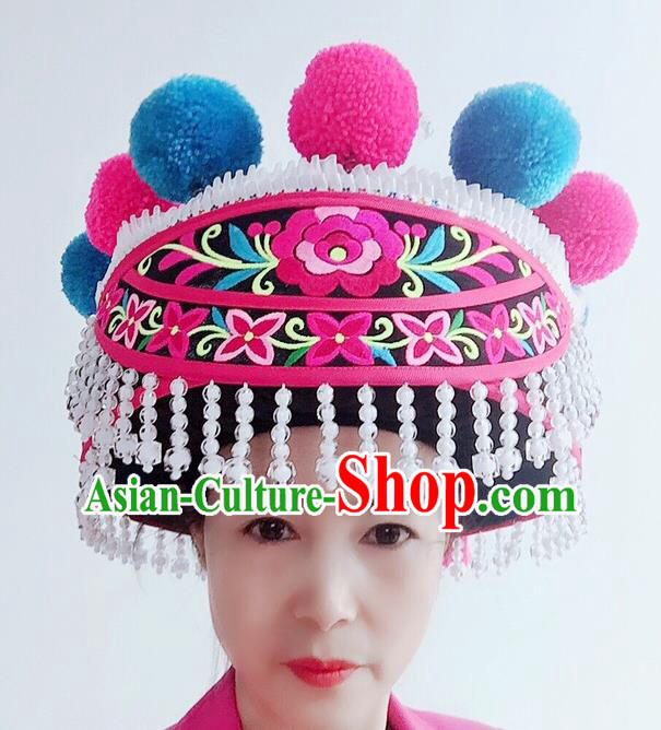 China Yunnan Ethnic Woman Tassel Hat Yi Nationality Folk Dance Headwear Minority Stage Performance Headdress