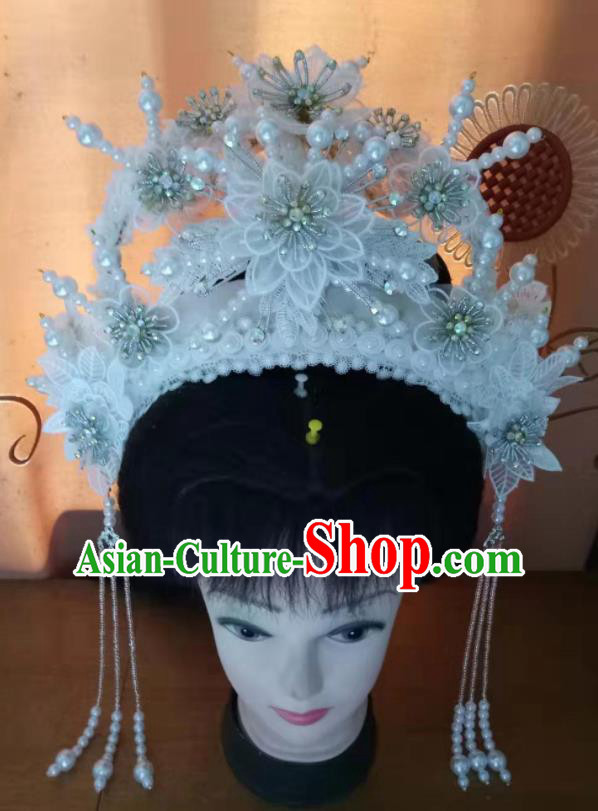 Chinese Peking Opera Diva Hair Accessories Ancient Princess Phoenix Coronet Headdress Beijing Opera Diva White Flowers Hair Crown