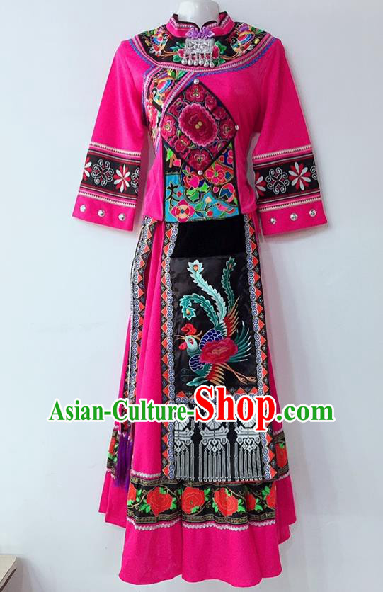 Chinese Yi Ethnic Group Female Garment Costumes Sichuan Nationality Festival Dress Tujia National Minority Wedding Rosy Uniforms
