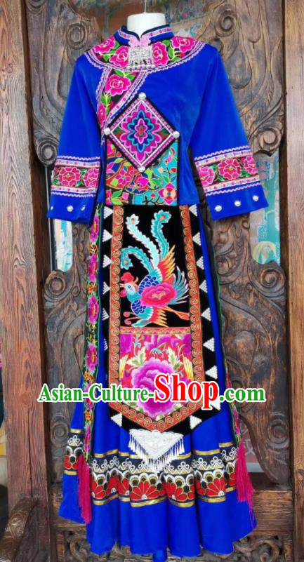 Chinese Tujia National Minority Wedding Blue Uniforms Yi Ethnic Group Female Garment Costumes Sichuan Nationality Festival Dress