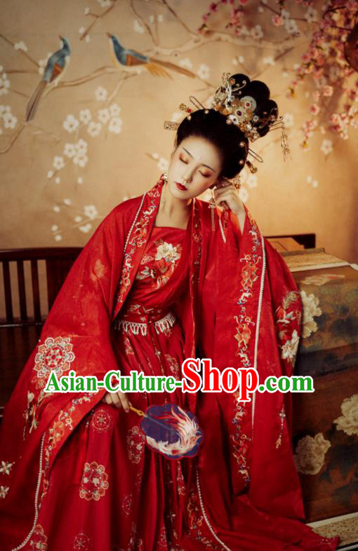 China Traditional Court Woman Embroidery Red Hanfu Dress Tang Dynasty Princess Historical Clothing Ancient Wedding Garment Costumes