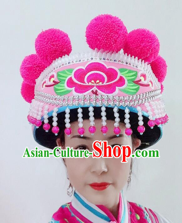 China Yi Nationality Dance Embroidered Headwear Yunnan Minority Stage Performance Headdress Ethnic Woman Pink Hat