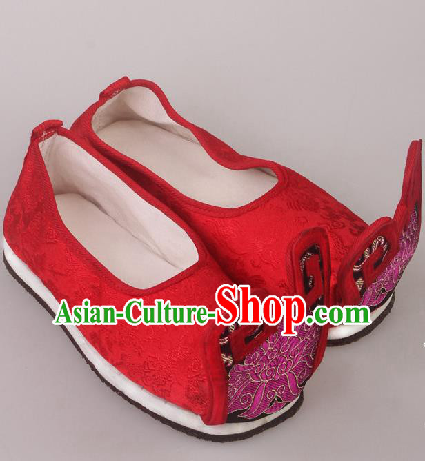 China Ancient Wedding Bridegroom Red Satin Shoes Tang Dynasty Male Shoes Beijing Opera Xiaosheng Shoes