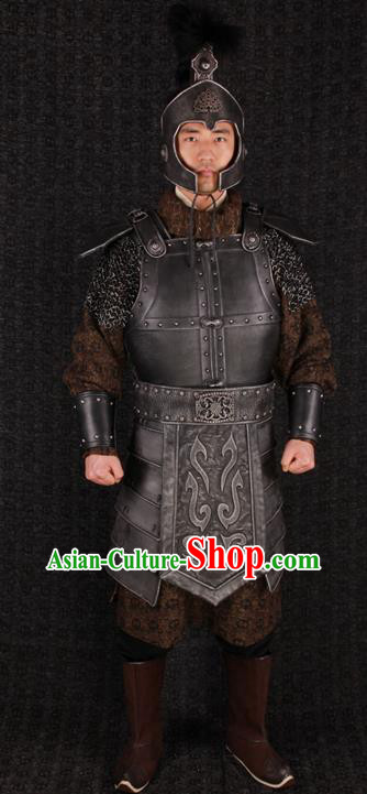 China Traditional Military Officer Clothing Qin Dynasty Soldier Black Armor Uniforms Ancient General Garment Costumes and Helmet