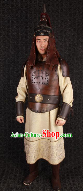 China Ancient General Garment Costumes Traditional Military Officer Clothing Qin Dynasty Soldier Brown Armor Uniforms and Helmet