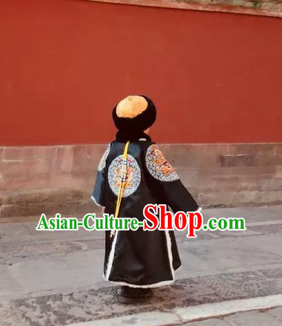 China Traditional Monarch Clothing Qing Dynasty Emperor Black Imperial Robe Uniforms Ancient Royal Highness Garment Costumes and Hat for Kids