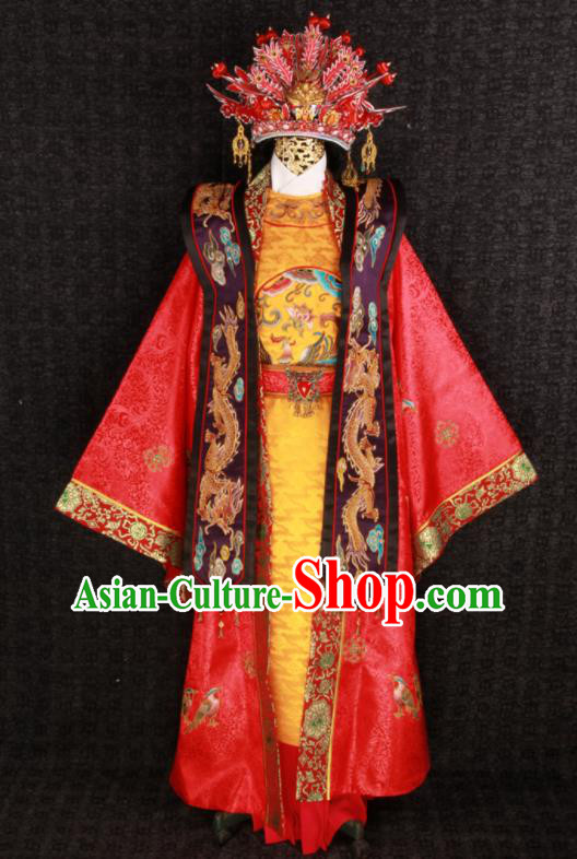 China Ming Dynasty Queen Embroidered Garment Costumes Wedding Female Attire Ancient Empress Red Hanfu Dress and Phoenix Coronet