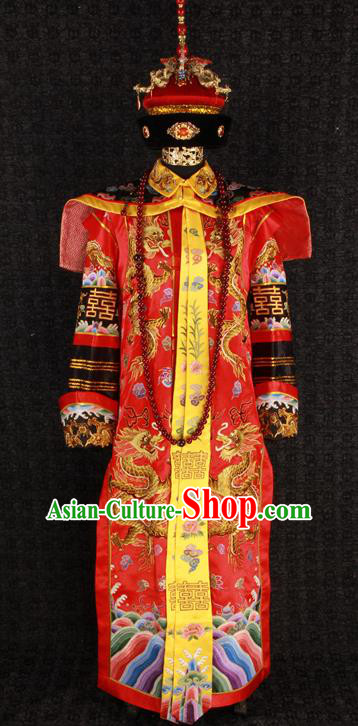 China Qing Dynasty Queen Embroidered Garment Costumes Traditional Wedding Female Attire Ancient Manchu Empress Red Dress and Hat