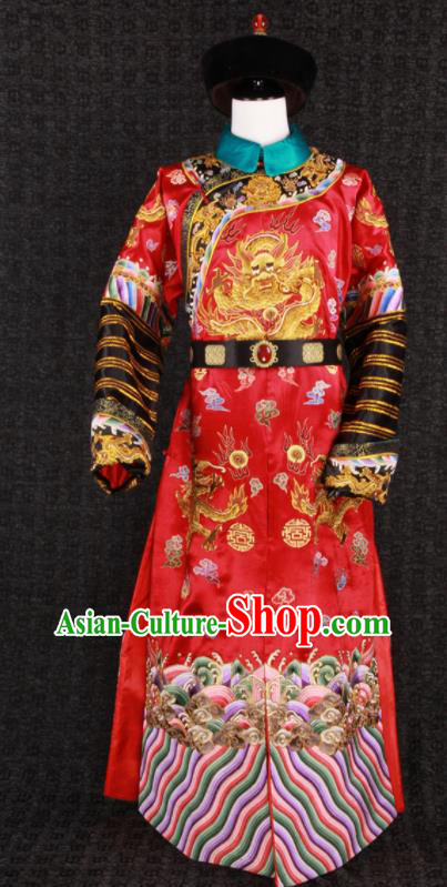 China Ancient Manchu Royal Highness Garment Costumes Traditional Wedding Embroidered Red Dragon Robe Clothing Qing Dynasty Emperor Uniforms and Headwear