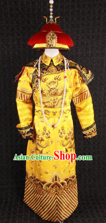 China Qing Dynasty Emperor Uniforms Ancient Royal Monarch Garment Costumes Traditional Embroidered Yellow Robe Clothing and Hat