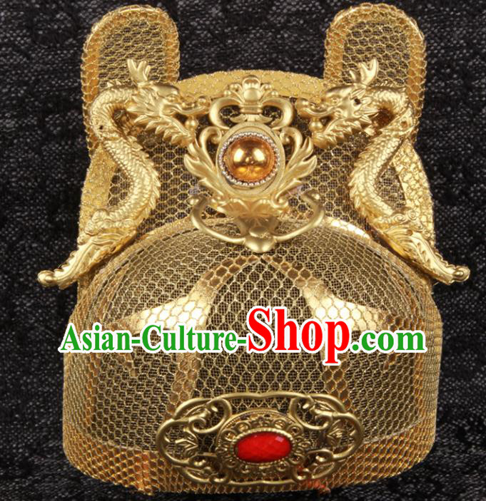Chinese Ming Dynasty Emperor Golden Dragon Hat Ancient King Headdress Traditional Drama Monarch Headwear
