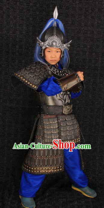 China Ancient Children Warrior Garment Costumes Traditional Drama Kid Soldier Black Armor Clothing Han Dynasty General Uniforms and Headdress