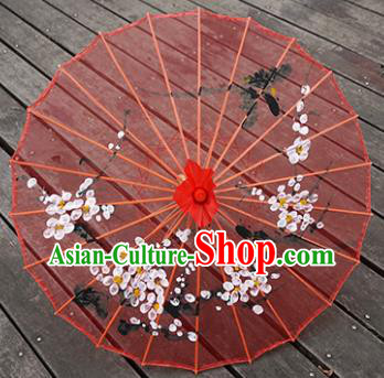 Chinese Dance Prop Hand Painting Plum Blossom Umbrella Classical Umbrellas Red Silk Umbrella Traditional Hanfu Bumbershoot
