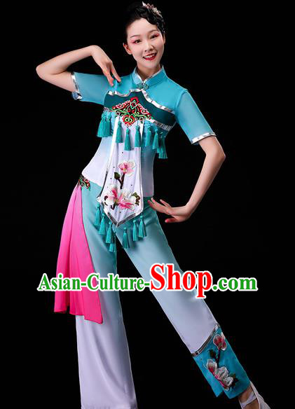 Chinese Traditional Fan Dance Garment Costumes Yangko Square Performance Clothing Yangge Dance Apparels Folk Dance Blue Uniforms