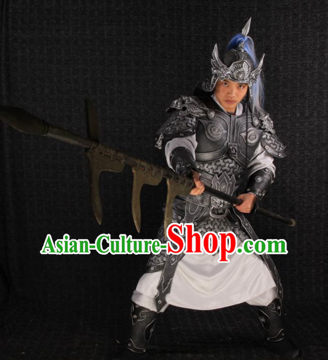 China Three Kingdoms Period General Zhao Yun Uniforms Ancient Warrior Garment Costumes Traditional Drama Military Officer Grey Armor Clothing and Helmet