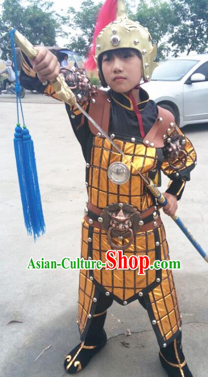 China Three Kingdoms Period Boy General Armor Uniforms Ancient Soldier Garment Costumes Traditional Opera Warrior Clothing and Hat