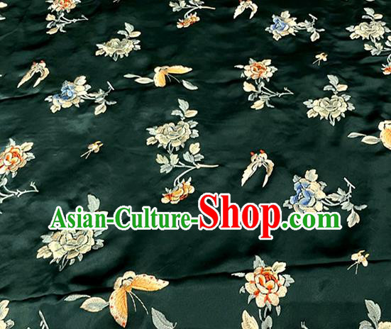 Chinese Classical Butterfly Flowers Pattern Silk Traditional Qipao Dress Cloth Material Atrovirens Satin Fabric Tang Suit Drapery
