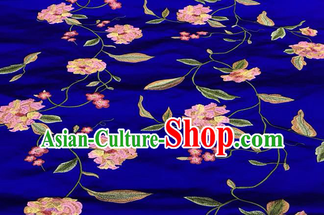 China Tang Suit Silk Fabric Traditional Cheongsam Embroidered Drapery Royal Peony Pattern Royalblue Brocade Material Classical Qipao Dress Damask Cloth