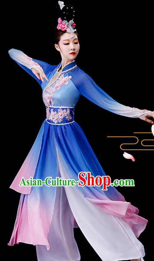 China Umbrella Dance Garment Costumes Women Group Dance Clothing Stage Performance Fashion Uniforms Classical Dance Blue Chiffon Dress