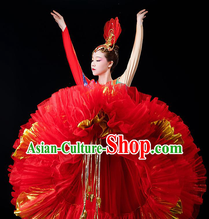 Professional Women Group Flower Dance Fashion Chorus Performance Costume Modern Dance Red Bubble Dress Opening Dance Garment