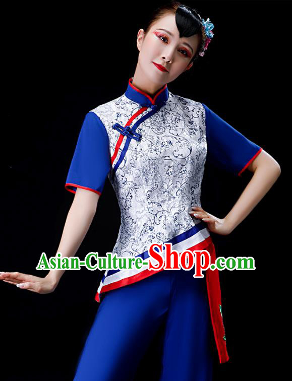 Chinese New Year Yangko Dance Clothing Country Women Square Performance Apparels Folk Dance Royalblue Uniforms Traditional Fan Dance Garment Costumes