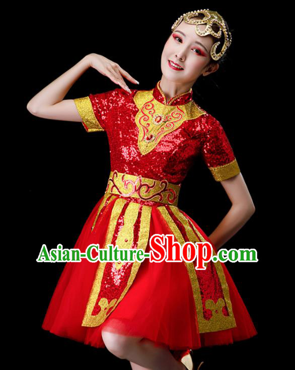 Professional Opening Dance Garment Women Group Drum Dance Fashion Chorus Performance Costume Modern Dance Red Dress