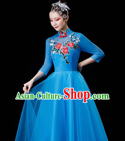 Professional Chorus Performance Costume Modern Dance Blue Veil Dress Opening Dance Garment Women Group Dance Fashion