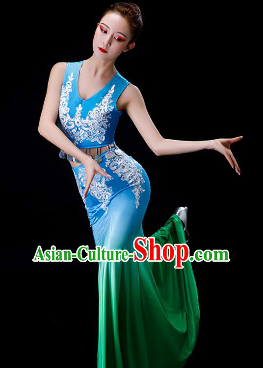 Chinese Dai Nationality Female Clothing Yunnan Minority Folk Dance Garment Costumes Ethnic Festival Peacock Dance Blue Dress Outfits