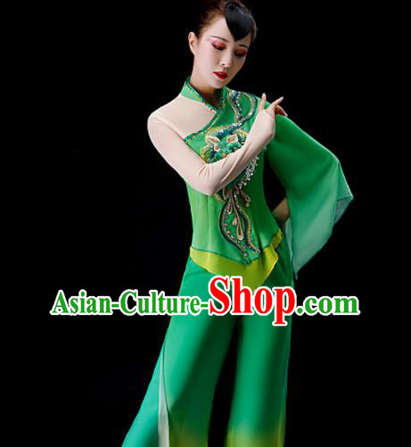 Chinese Folk Dance Green Chiffon Uniforms Traditional Women Square Performance Garment Costumes New Year Yangko Dance Clothing Fan Dance Apparels