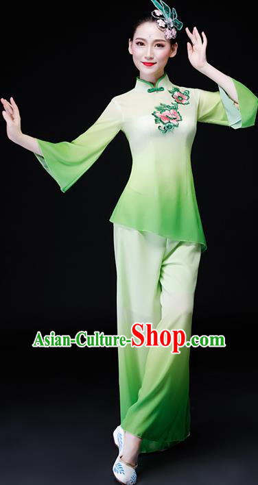 Chinese Folk Dance Green Chiffon Uniforms Traditional Women Group Dance Garment Costumes Yangko Performance Clothing Fan Dance Apparels