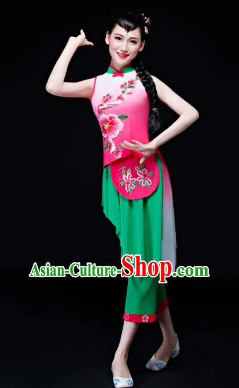 Chinese Fan Dance Apparels Folk Dance Uniforms Traditional Village Girl Dance Garment Costumes Bamboo Hat Performance Clothing