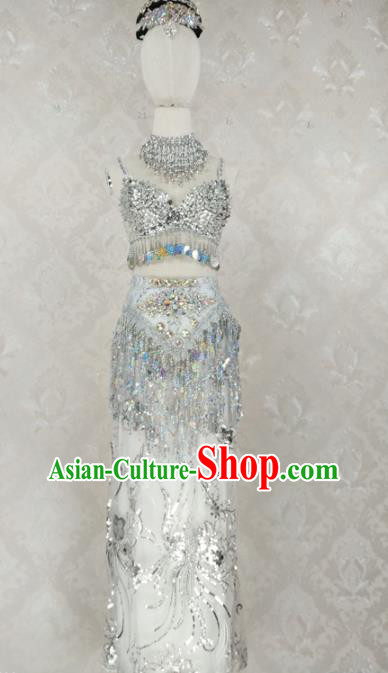 Top Belly Dance Garment Costumes Indian Dance Clothing Stage Performance White Uniforms Classical Dance Fashion Dress and Headpieces