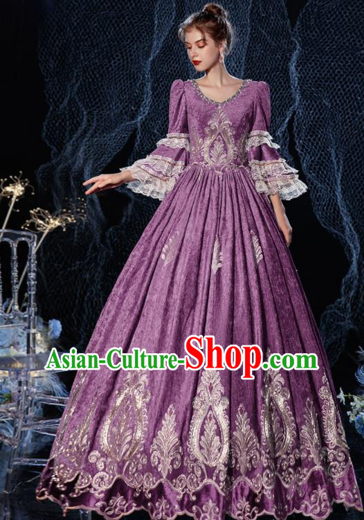 Top European Drama Performance Clothing Western Court Princess Purple Full Dress Compere Garment Costume French Noble Lady Formal Attire