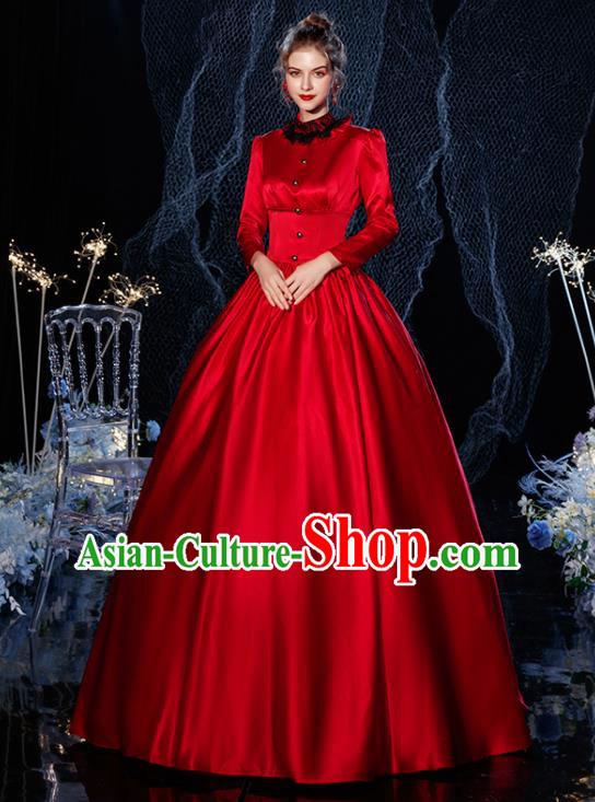 Top Christmas Garment Costume England Queen Formal Attire European Drama Performance Clothing Western Court Empress Red Satin Full Dress